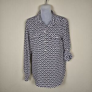 LOFT Roll Tab Sleeve Blouse Popover Womens S Geometric Career Lightweight Pink
